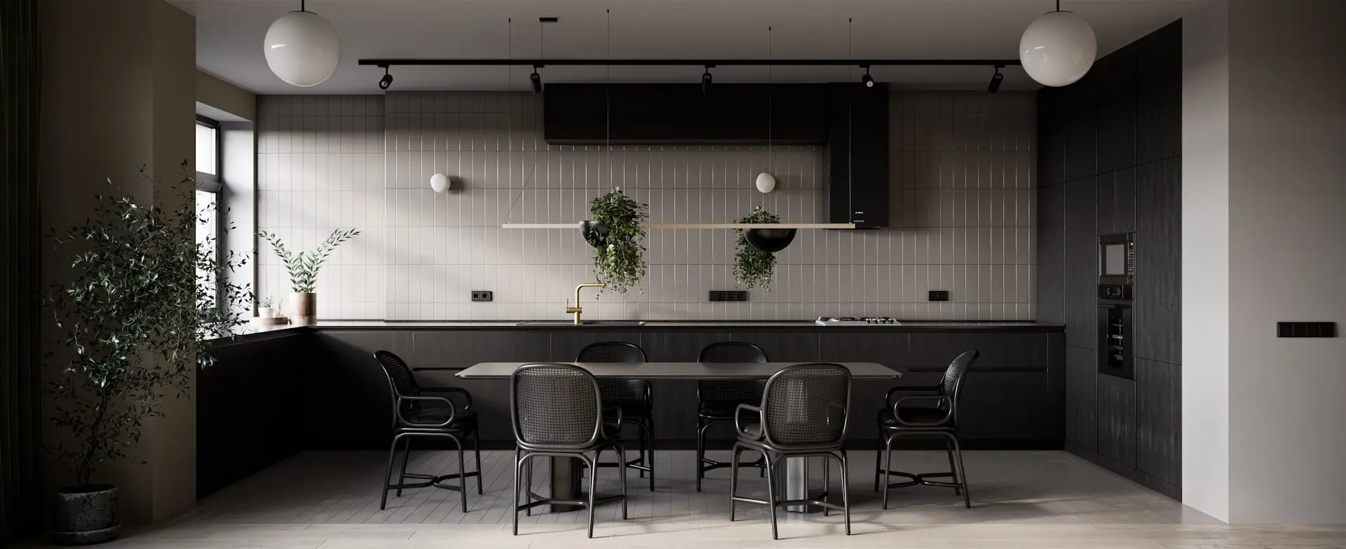 a dining room with a table and chairs